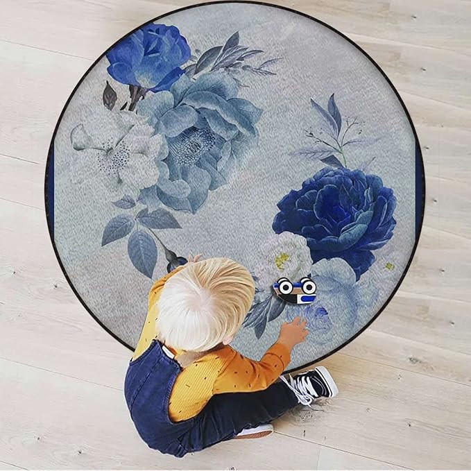 Romantic Flower Rugs Soft Non-Slip Indoor Outdoor Bedroom Home Decor Carpet Mat Yoga Mat Runner Rugs Doormat Round Rug Rustic Floral Design LavenderPale Blue Green Diameter 39.3 in