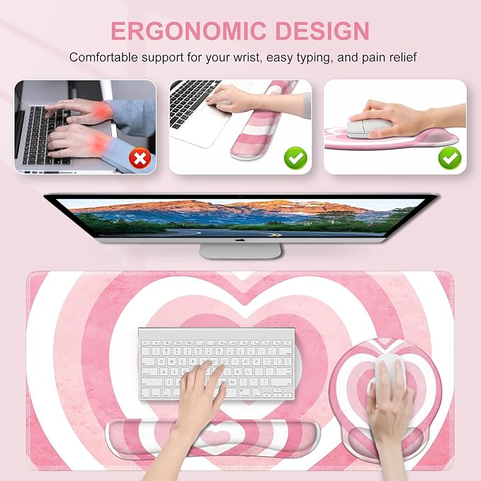 iLeadon Pink Desk Mat Desk Pad + Pink Mouse Pad with Wrist Rest + Keyboard Wrist Rest + Coaster 4in1 Mouse Pad Set Mouse and Keyboard Pad for Home Office Heart Pink