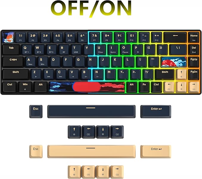 surmen GT68 65% Wireless Mechanical Gaming Keyboard 60 Percent RGB Hot-Swappable 68-Key Compact Keyboard Bluetooth5.0/2.4G/USB with Yellow Switch (Yellow Switch Blue Samurai 68)