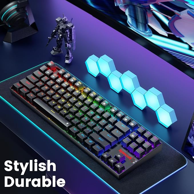 Redragon Wireless Gaming Keyboard BT/2.4Ghz Tri-Mode Mechanical Keyboard buit-in Battery Programmable 87 Keys TKL LED Rainbow Backlit - K552-KRS