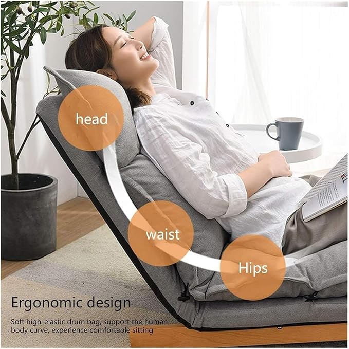 ELEFOCUS Folding Sofa Chair Folding Floor Chair 5-Speed Backrest Adjustment Balcony Lounge Chair Fabric Removable and Washable(Beige)