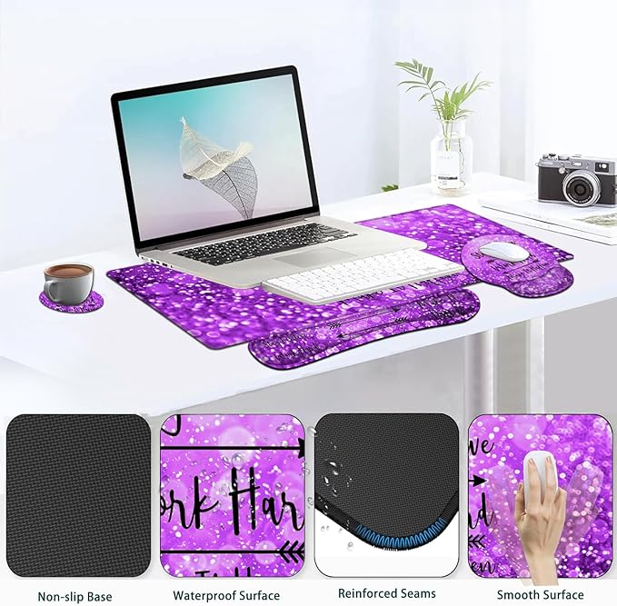 Large Mouse Pad Ergonomic Mouse Pad with Wrist Rest and Keyboard Wrist Rest 4 in 1 Set 31.5 x11.8 inch Extended Desk Pad for Home Office Work Hard Quotes Purple Gradient Gilt XXL Gaming Mouse Mat
