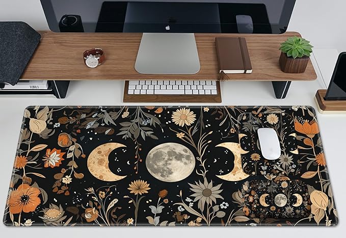 Wrist Rest Pad Small Mouse Pad and Office Desk Mat Set 3 in 1 Desk Pad 11.8 x 23.6+Mousepad +Mouse Wrist Rest with Ergonomic Design Non-Slip for Home Gaming Computer Flower Moon