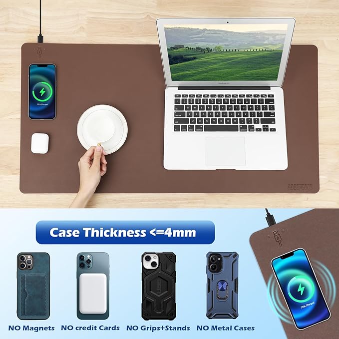 Wireless Charging Desk Mat with Desk Pad for Desktop Charging Large Mouse Pad Waterproof Leather Computer Mat Mouse Pad Non-Slip Protector on Top of Desks for Keyboard and Mouse (brown-l 32*16inch)