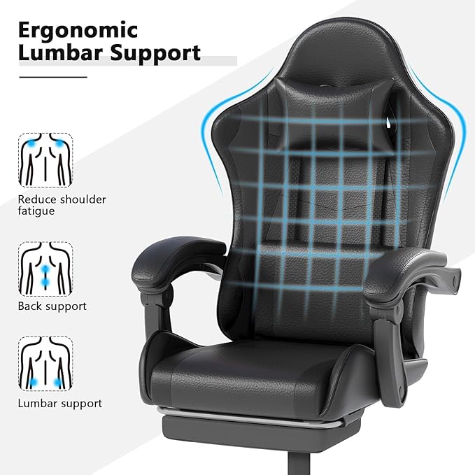 DJY-2470 Ergonomic Gaming Chair Racing Style Computer Chair with Adjustable Lumbar Support &amp Reclining PU Leather Video Game Chair for Adults Black