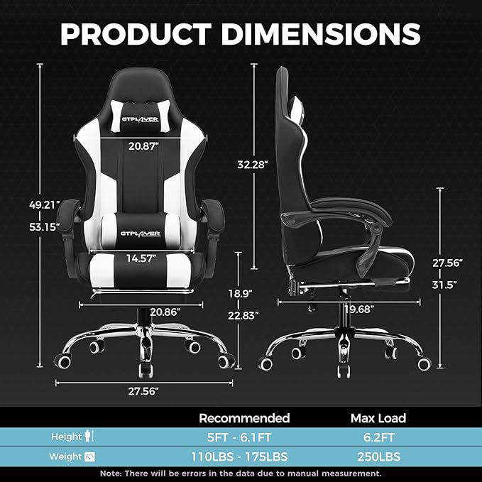 GTPLAYER Gaming Chair Computer Chair with Footrest and Lumbar Support Height Adjustable Game Chair with 360°-Swivel Seat and Headrest and for Office or Gaming (Fabric Black White)