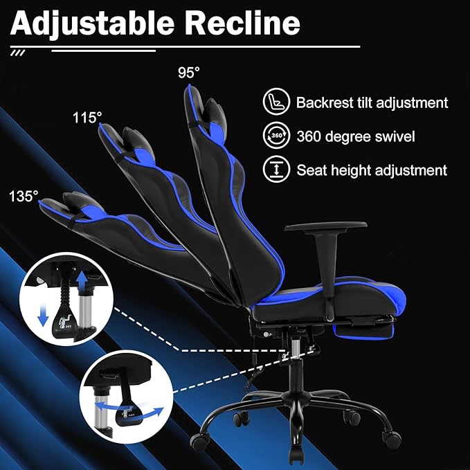 Gaming Chair with Footrest Massage Lumbar Support Ergonomic Racing Office Chair 360 Swivel PC Computer Desk Chair Adjustable Headrest and Arms Blue