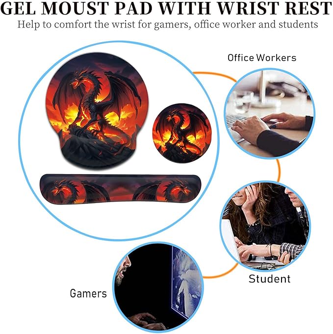 Keyboard Wrist Rest and Mouse Pad Wrist Support Set with CoastersErgonomic Gaming Mousepad for Home Office Working Studying Easy Typing &amp Pain ReliefFire Dragon