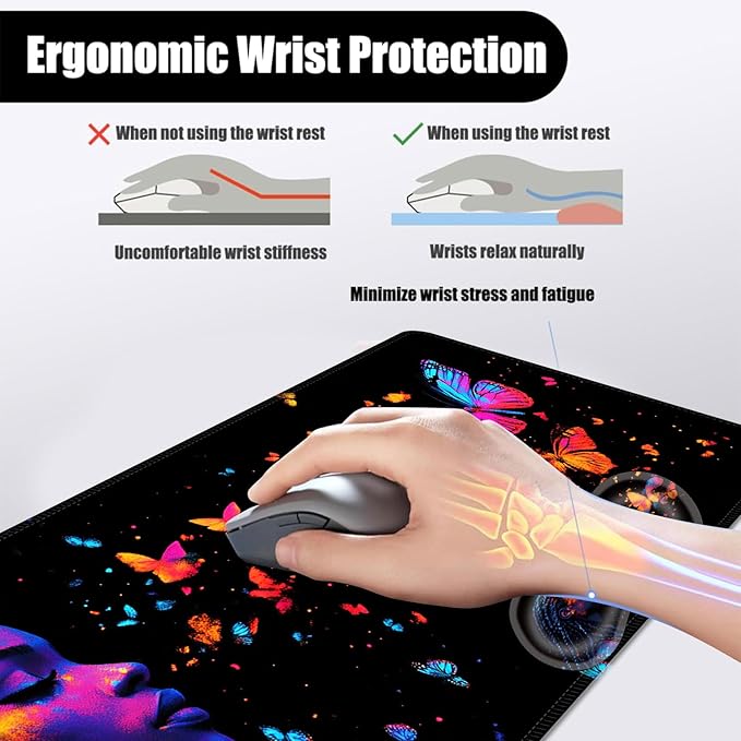 Mouse PadLarge Desk Mat Set 4in1 XL Mousepad + Keyboard Wrist Rest+Mouse Wrist Rest+Coaster with Ergonomic Desk Pad for Home Office Table Computer Cover -Neon Woman with Butterflies
