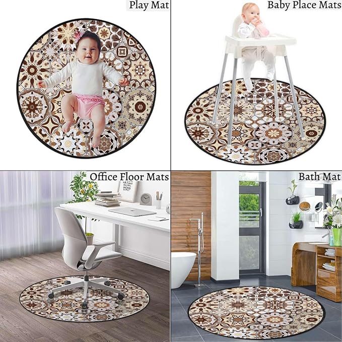 Beige Dark Brown Pale Brown Gaming Chair Mat Round Floor Mats for Office Chair Computer Gaming Desk Mat for Rolling Chair Non-Slip Gaming Rug Retro Old Fashioned Tile Diameter 39.4 in