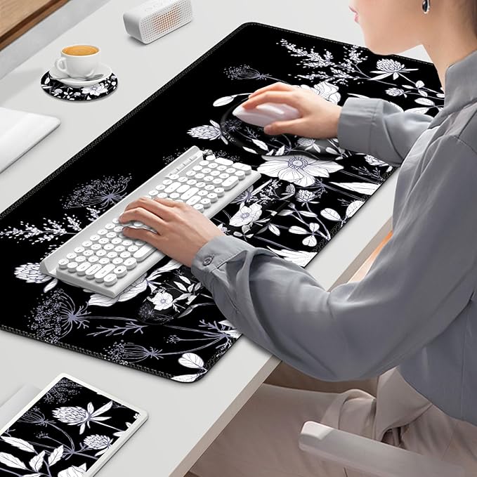 Gaming Mouse Pad Large Desk Mat Cute Desk Pad Protector 4in1 XXL Mousepad + Keyboard Wrist Rest+Mouse Wrist Rest+Coaster Set with Ergonomic Desk Pad for Home Office PC Computer Black White Flowers