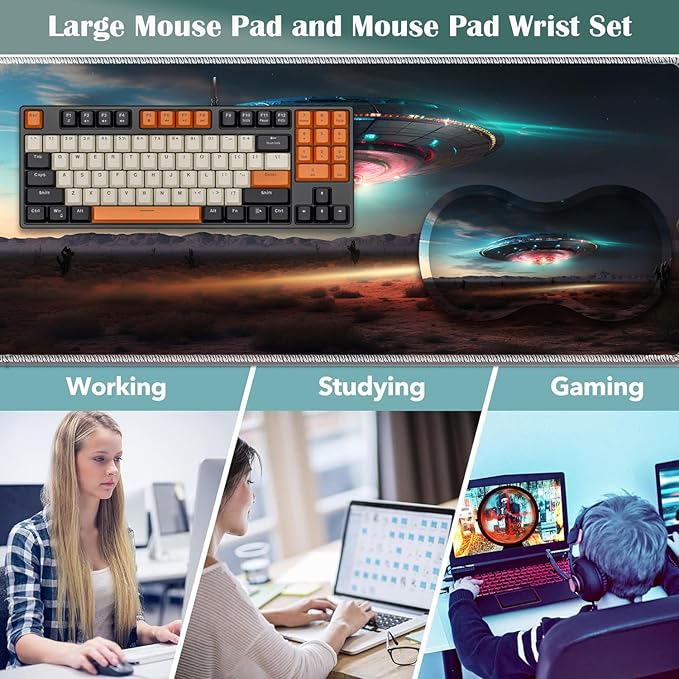 Large Game Mouse Pad + Wrist Support Pad + Coffee Coaster Desk Pad with Sewn Edges Anti-Slip Set pad Suitable for Office Work and Home - Colorful Alien UFO