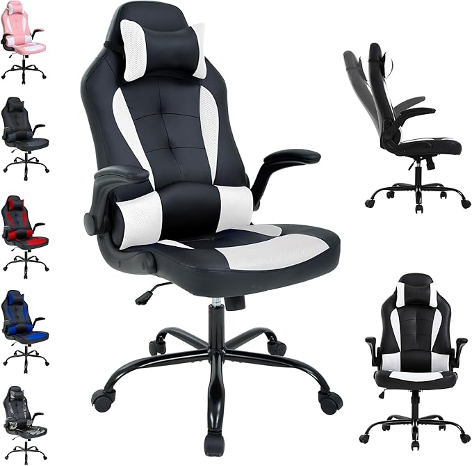 High Back PU Leather Office &amp Gaming Racing Chair - Comfortable &amp Heavy Duty - Headrest &amp Lumbar Support - Height Adjustable - Big &amp Tall Size - White