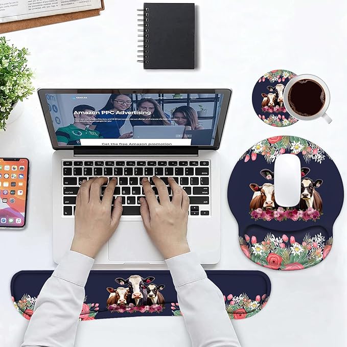Keyboard Wrist Rest and Mouse Pad Wrist Support Set Non-Slip PU Base Ergonomic Gaming Mousepad for Home Office Working Studying Easy Typing &amp Pain Relief - Floral Quote Funny Cows Combination
