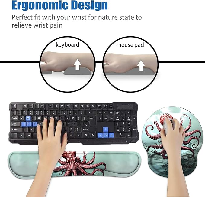 Keyboard Wrist Rest and Mouse Pad Wrist Support Set with Coasters Non-Slip PU Base Ergonomic Gaming Mousepad for Home Office Working Studying Easy Typing &amp Pain Relief - Red Octopus