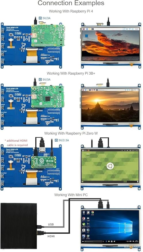 7inch Resistive Touch Screen LCD for Raspberry Pi 4B/3B+/3A+/Zero/Zero W/WH/Zero 2W CM3+/4 1024×600 Resolution HDMI IPS for Windows 11/10 / 8.1/8 / 7 (7inch HDMI LCD)