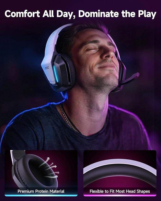 AOC Gaming Headset for PS5 PS4 PC Mac Switch Xbox Series Surround Sound RGB Gaming Headphones with Noise Canceling Microphone 50MM Dynamic Drivers 3.5MM Audio Jack White