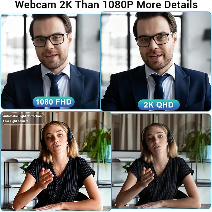 Hprosper 2K Webcam with Microphone Automatic Light Correction &amp Privacy Cover Wide Angle USB Camera for PC Laptop Mac Zoom Gaming Streaming Conference Room Video Conferencing