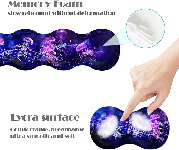 Ergonomic Keyboard Wrist Rest &amp Mouse Pad Wrist Rest SetXL Gaming Desk Mat 31.5x 11.8Non-Slip BaseMemory FoamEasy Typing Pain Relief for Office &amp HomeNeon Purple Jellyfish