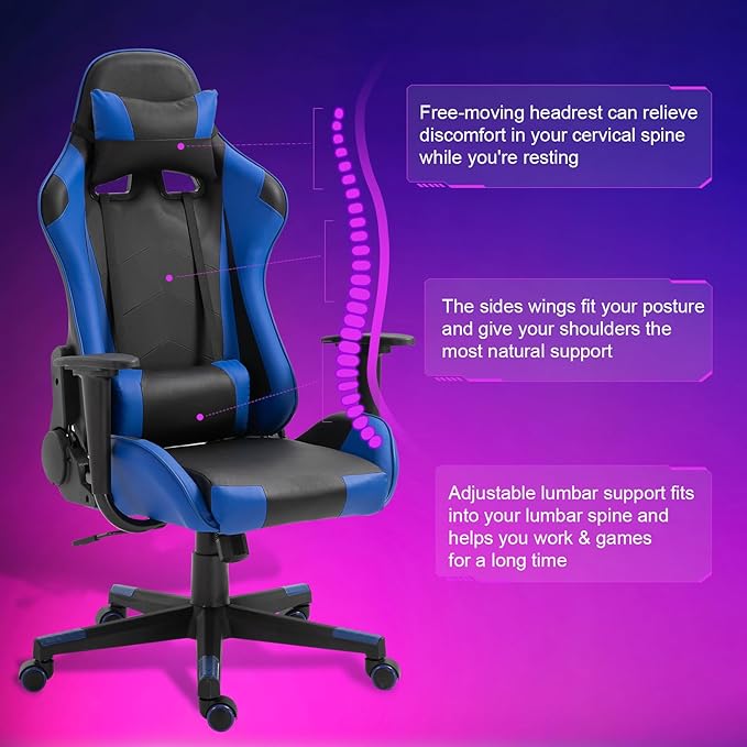 DIKEP Gaming Chair PC Computer Chair with Footrest and Lumbar Support PU Leather Headrest and Height Adjustable Ergonomic Reclining Chair w/ 360° Swivel Seat for Office and Home - Black &amp Blue