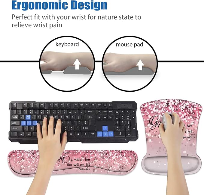 Keyboard Wrist Rest and Mouse Pad Wrist Support Set with Coasters Bible Verses Psalm 46:5 with Non-Slip PU Base Ergonomic Gaming Mousepad for Computer Laptop Home Office Easy Typing &amp Pain Relief