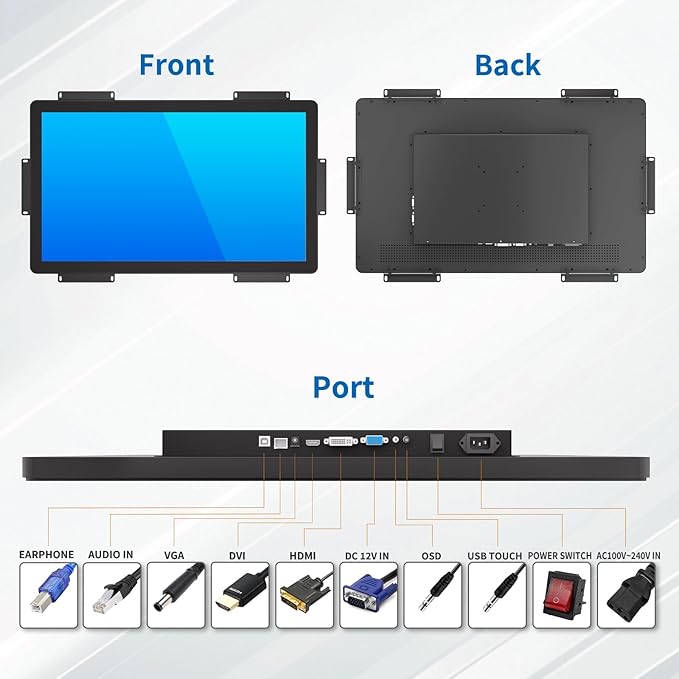 27 Inch Open Frame Touch Monitor PCAP 10-Point Touch Industrial Touchscreen Monitor with HDMI/VGA/DVI Interface Active Matrix TFT LCDLED Backlight with VESA Mount