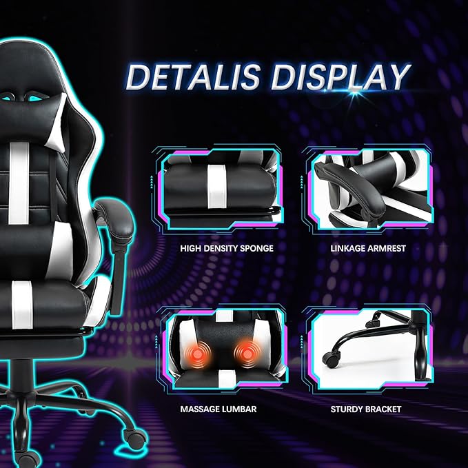 ECOTOUGE Massage Gaming Chair Video Game Chair with Footrest Ergonomic Computer Chair with Headrest and Massage Lumbar Support Height Adjustable High Back Office Desk Chair with 360° Swivel White