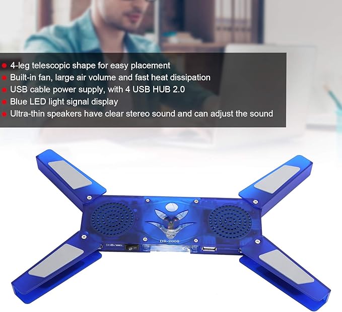 DR - 2008 Laptop Cooling Pad Foldable USB Computer Cooler with Hub Low Noise Heat Dissipation Fan 500-2500RPM High Speed Cooling for Laptop Blue LED Light and Built - in Spea