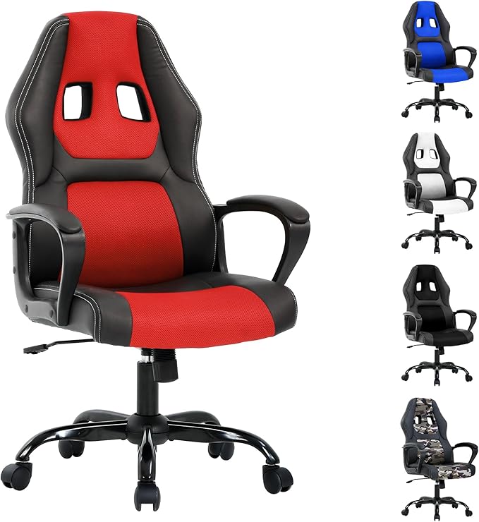 Gaming Chair Office Chairs Ergonomic Design Comfortable Office Chair PU Leather with Mesh Back Gaming Chairs with 360-Degree Swivel Gaming Chairs for Adults PC Chair Max 250LBS Red