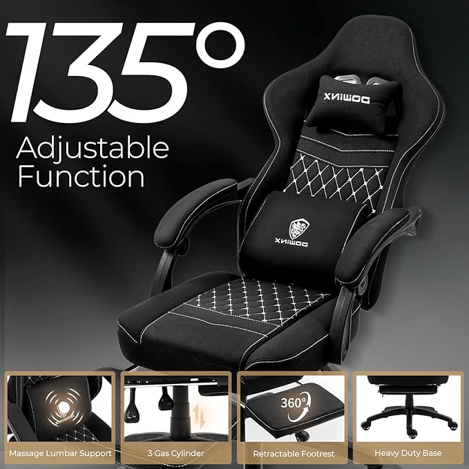 Dowinx Gaming Chair Breathable Fabric with Gel Pad Ergonomic Game Chair with Pocket Spring Cushion Comfortable Office Chair with Footrest and Storage Bag for Adults Black