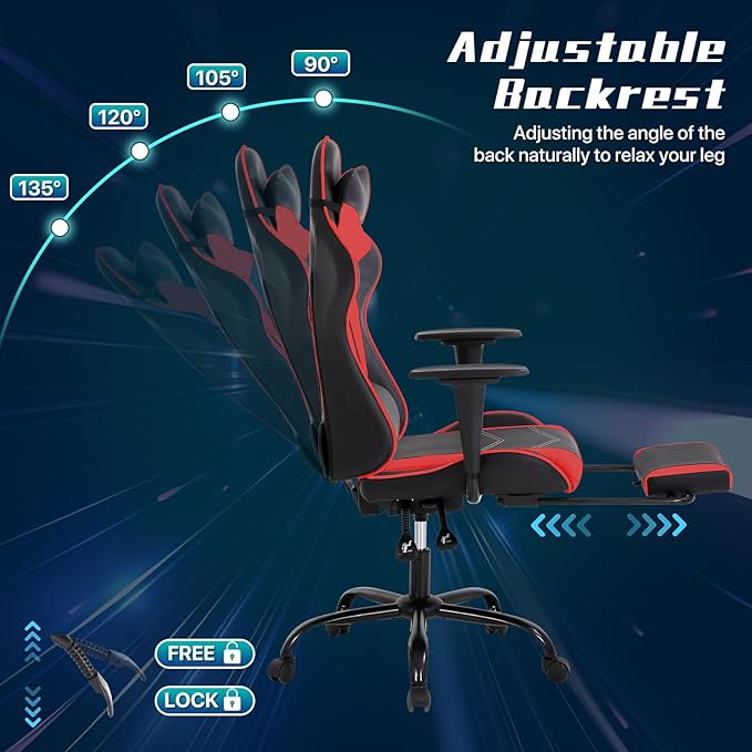 Ergonomic Gaming Chair with Footrest High Back PU Leather Office Desk Chair for Adults Teens Rolling Swivel Computer Chair (Red)