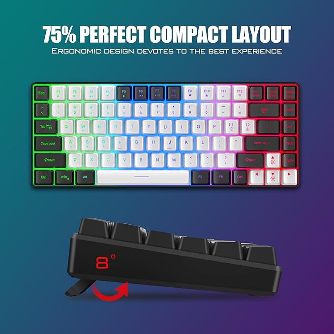 RedThunder K84 Wireless Keyboard and Mouse Combo LED Rainbow Backlit Rechargeable Battery 75% Layout TKL Ultra Compact Gaming Keyboard &amp Lightweight 3200 DPI Honeycomb Optical Mouse (White-Black
