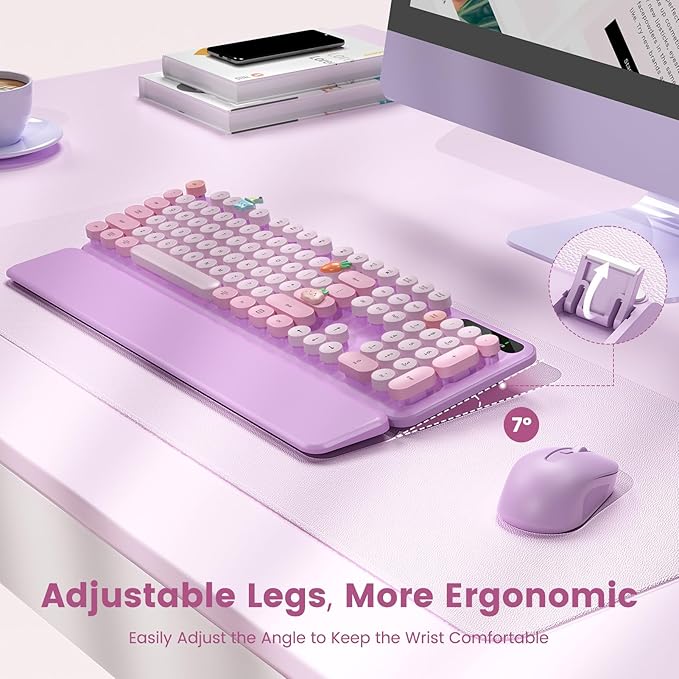 Wireless Keyboard and Mouse Combo-Round Keycaps Full-Size Retro Typewriter Keyboard with Detachable Wrist Rest Sleep Mode &amp Tilt Legs 2.4GHz Cordless Connection for Mac/Windows/PC (Lavender Pur
