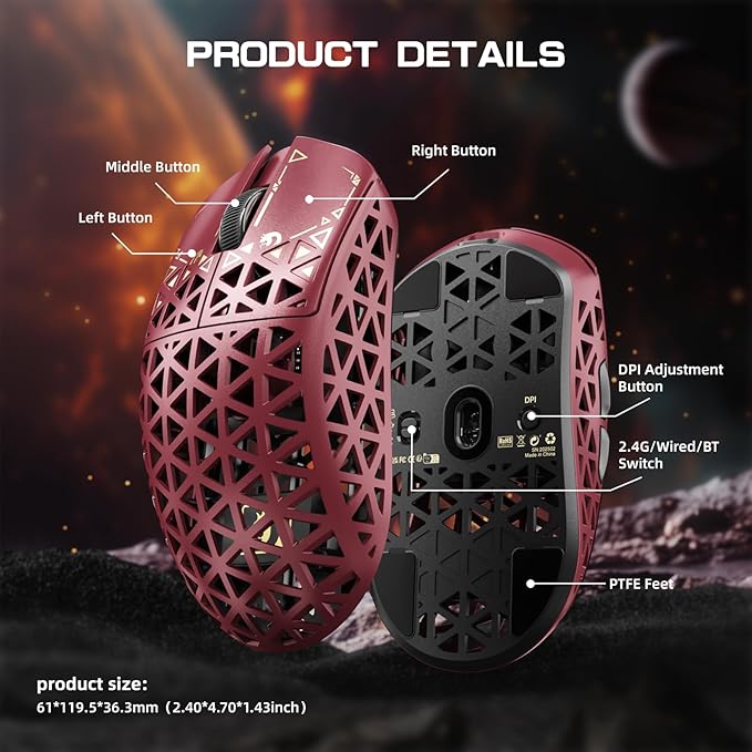 MAMBASNAKE M5 Ultra Carbon Fiber 8000Hz Wireless Gaming Mouse 39g Superlight 42000DPI PAW3950MAX Sensor Nordic 52840 Chip Bluetooth/2.4G/USB-C Wired Mice with Coiled Cable for PC/Mac (Red)