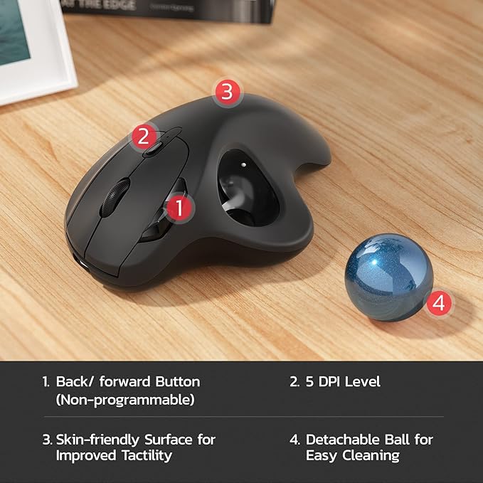Nulea M501 Wireless Trackball Mouse Rechargeable Ergonomic Easy Thumb Control Precise &amp Smooth Tracking 3 Device Connection (Bluetooth or USB Receiver) Compatible for PC Laptop Mac Windows