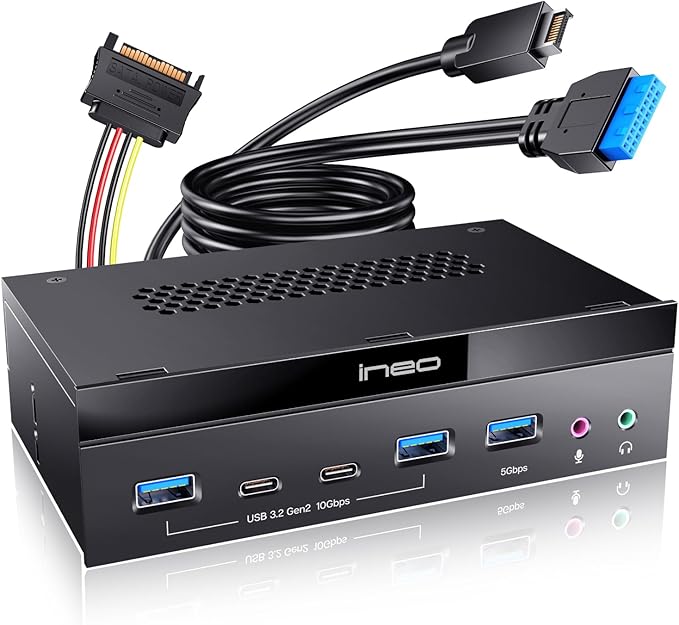 Ineo 5.25 Front Panel USB 3.2 Gen 2 Hub - 2X 10G USB-C 2X 10G USB-A 1x USB 3.0 Type-A Audio &amp Mic Jack [3570II]