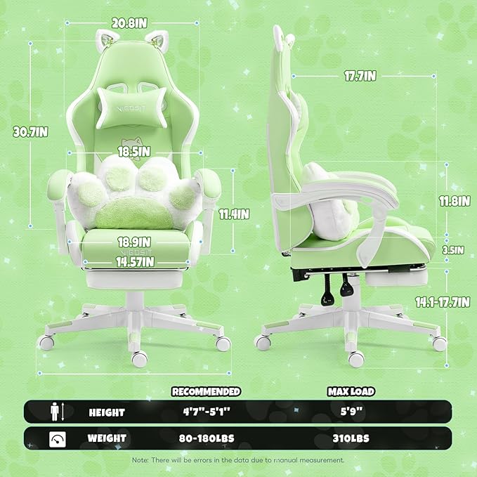 Cute Cat Ears Gaming Chair for Women Girls - Ergonomic PU Leather Office Chair with Footrest cat paw Pillow 360° Swivel Recliner Green