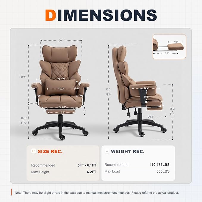 Dowinx Big and Tall Office Chair with Pocket Spring CushionHigh Back Computer Gaming Chairs with Adjustable ArmrestsExecutive Desk Chairs with Lumbar Support and FootrestPU Leather-Brown
