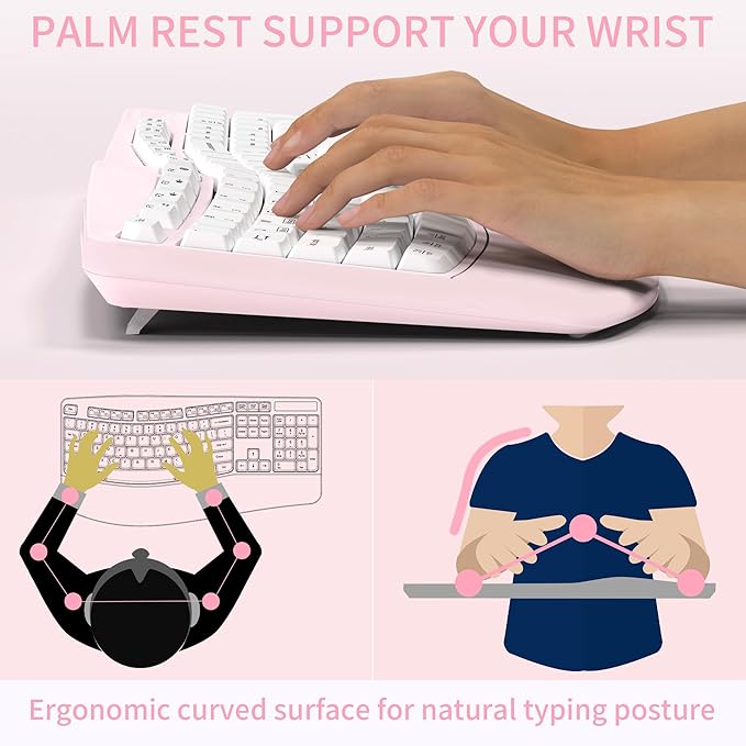 Ergonomic Wireless Keyboard and Mouse Combo Wave Keys Keyboard with Wrist Rest for Natural Typing 3 DPI Adjustable Ergonomic Silent Mouse for Computer/Laptop/Windows/Mac (Pink)