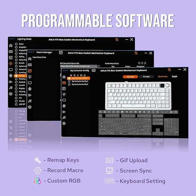 EPOMAKER X Aula F75 MAX Wireless Mechanical Keyboard with TFT Screen and Knob Gasket Gaming Keyboard in 75% Layout Hot Swappable RGB Backlight for PC/Mac/Linux (Blue&ampWhite&ampPurple)