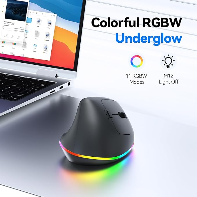TECKNET RGB Rechargeable Wireless Ergonomic Mouse - USB+Bluetooth Multi-Device LED Vertical Mouse with 11 RGB Backlight Modes 4800 DPI Adjustable Ergo Mice for Windows and Mac Black