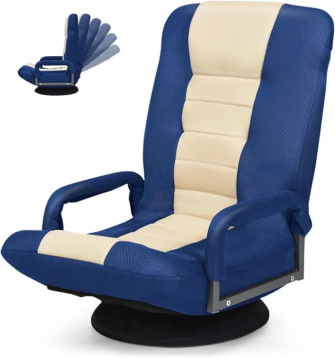 S AFSTAR Floor Gaming Chair Swivel Foldable Chair with Armrest &amp 6-Position Adjustable Backrest Folding Rocker for TV Reading &amp Home Office (Blue)