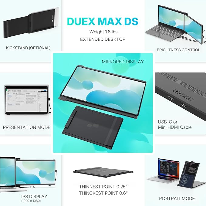 Portable Monitor - [2026 Upgrade] Mobile Pixels Duex Max DS 14.1'' Laptop Screen Extender USB C/HDMI Plug and Play 1080P Monitor for 14''-17 '' Laptops Compatible with Mac/Windows/Android/Switch