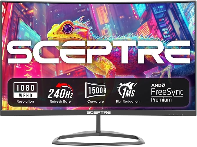 Sceptre New Curved 24.5-inch Gaming Monitor up to 240Hz 1080p R1500 1ms DisplayPort x2 HDMI x2 Blue Light Shift Build-in Speakers Machine Black 2025 (C255B-FWT240 Series)
