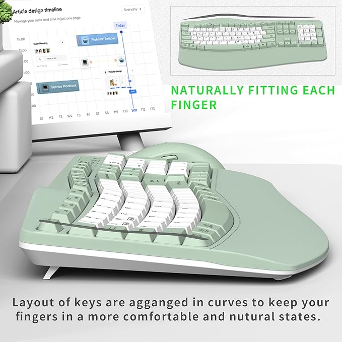 Wireless Keyboard and Mouse Combo2.4G Full Size Wave Keys Ergonomic Keyboard with Wrist Rest for Natural Typing 3 DPI Adjustable Ergonomic Mouse for Computer/Laptop/Windows/Mac (Avocado Green-B)