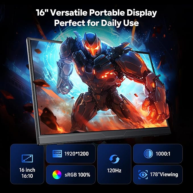 120Hz Portable Gaming Monitor 16 1200P FHD 100% sRGB Portable Display with Adjustable Stand USB-C &amp HDMI External Monitor &amp Travel Screen for Laptop Mac PC Phone Xbox PS5 Switch