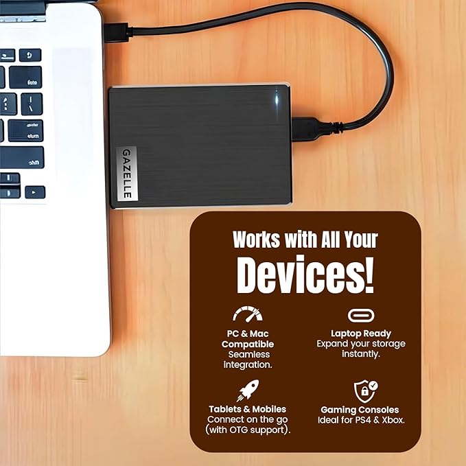 GAZELLE High-Speed 1TB Ultra Slim Portable External Hard Drive - 2-in-1 Type C &amp USB 3.0 Compatible with PC Mac Laptop PS4 Xbox iPad Tablet Mobile (Black) - 1 Year Warranty