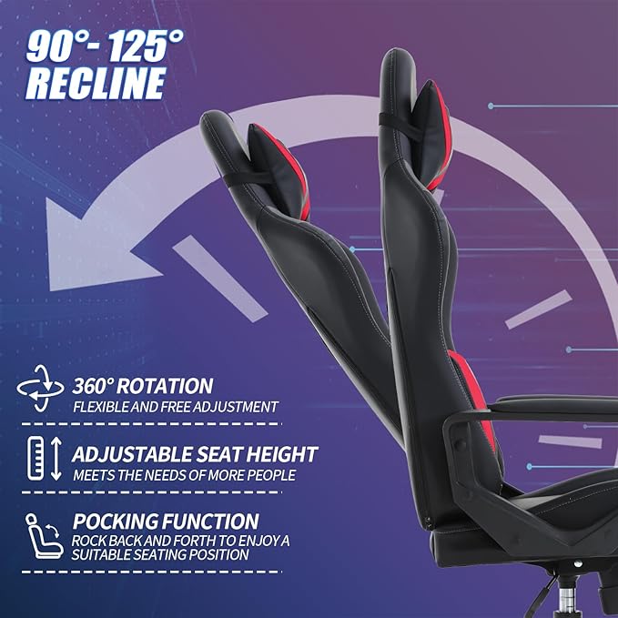 Gaming Chair High-Back Office Chair Ergonomic Video Game Chairs Height Adjustable Reclining Computer Chair with Lumbar Support Armrest Headrest Swivel Chair Game Chair for Adult Teen - Red