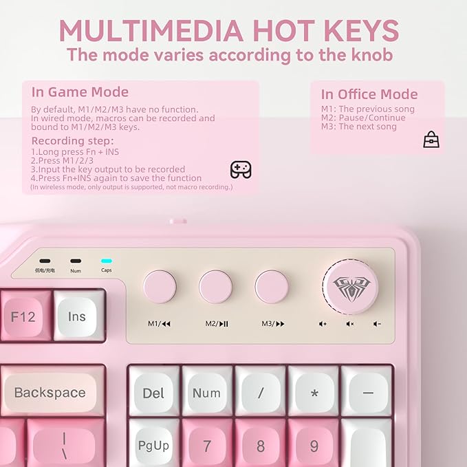 Aula F3099 Wireless Keyboard with Media Knob Tri-Mode BT5.0/2.4GHz/USB-C Cute Creamy Keyboard with Number Pad RGB Backlit Gaming Keyboard Quiet Typing Pink Computer Keyboards for Office Laptop/PC