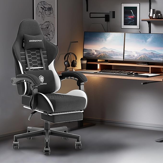 Dowinx Gaming Chair Fabric with Pocket Spring Cushion Massage Game Chair Cloth with Headrest Ergonomic Computer Chair with Footrest 290LBS Black White